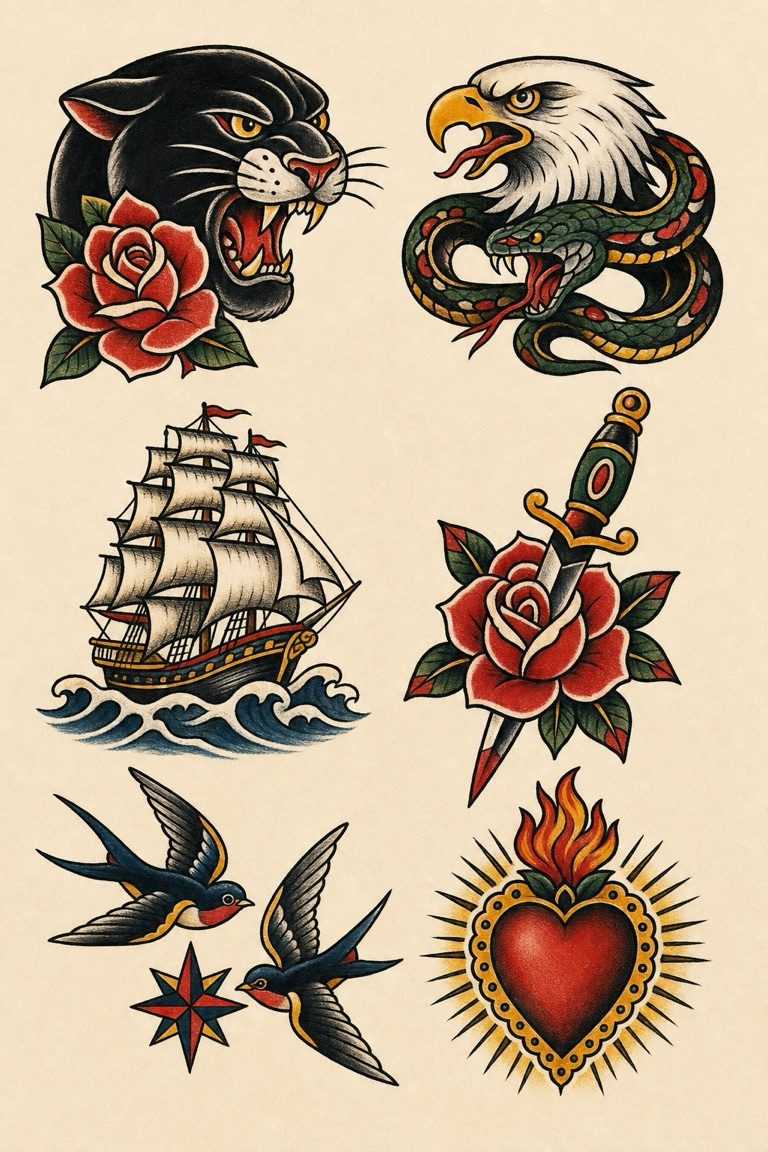 American traditional-inspired tattoo flash with panther, rose, eagle, snake, ship, dagger, swallows, and heart
