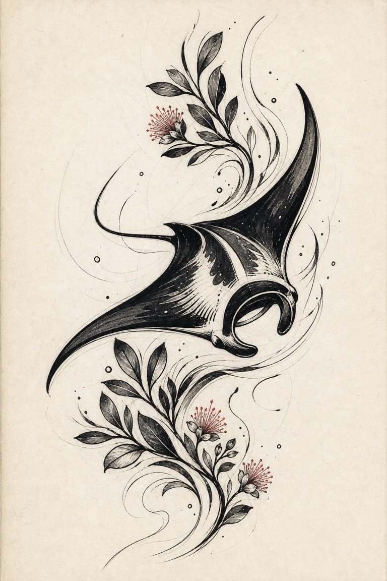 Blackwork manta ray concept with ocean-current lines, leaves, and small red blossoms
