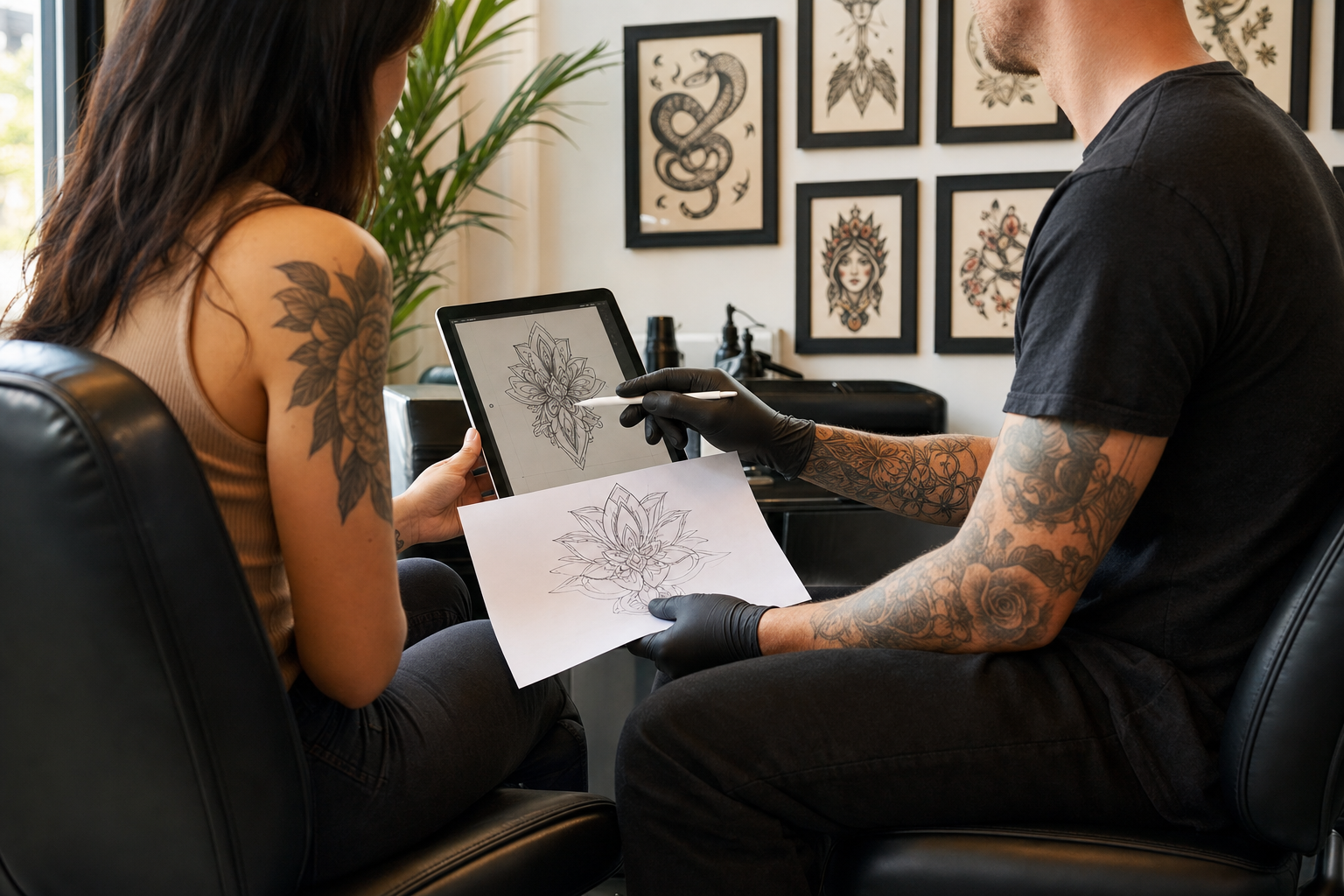 Tattoo artist and client reviewing design references in a studio