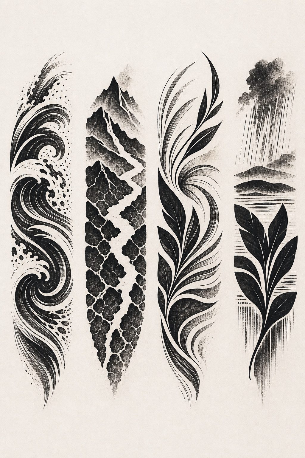 Contemporary island-inspired blackwork concept art with ocean, volcanic ridge, wind, rain, and botanical forms