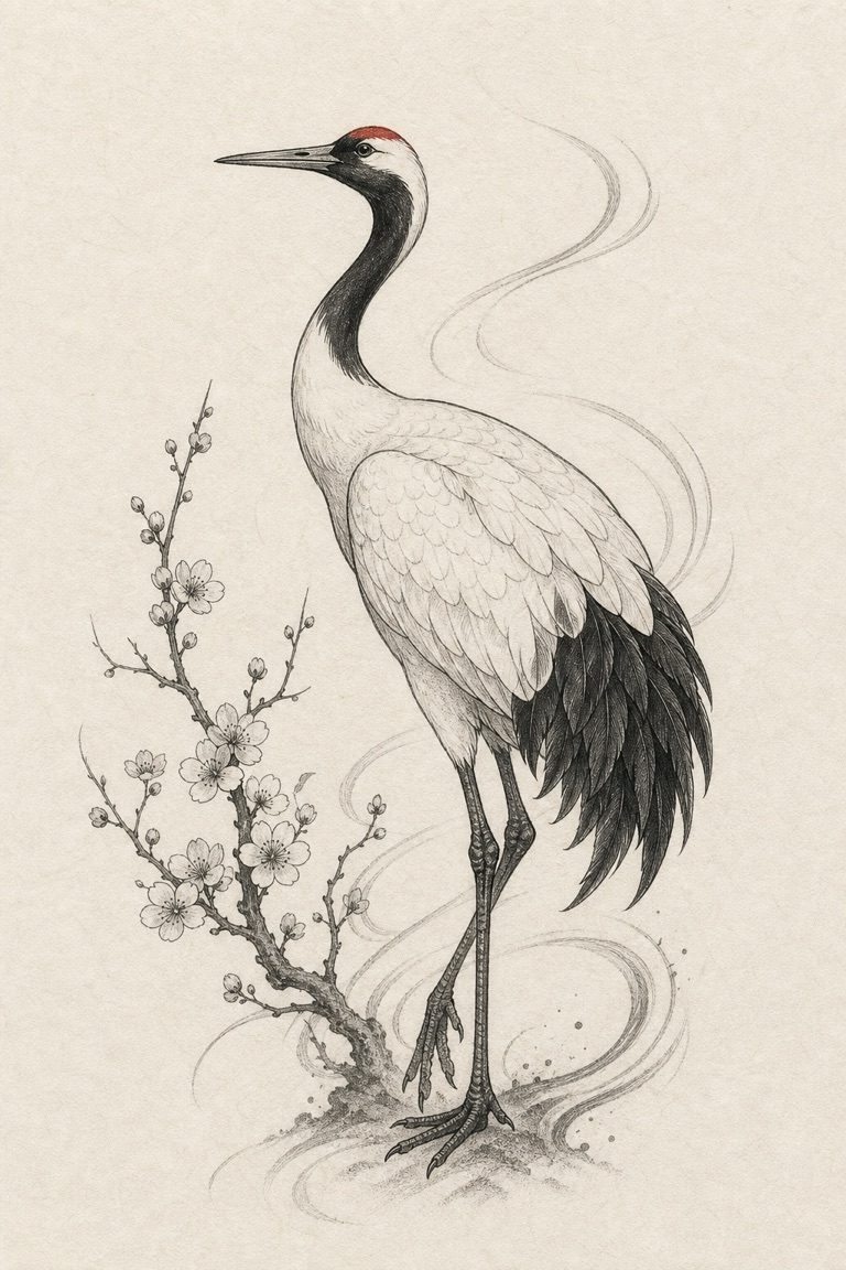 Fine-line crane concept with plum blossoms, wind lines, graphite shading, and a red crown accent