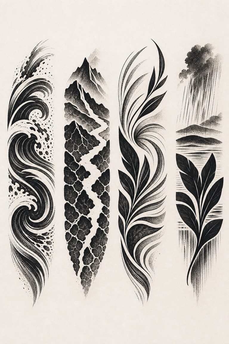 Contemporary island-inspired blackwork concept with waves, volcanic forms, wind, rain, and botanical lines