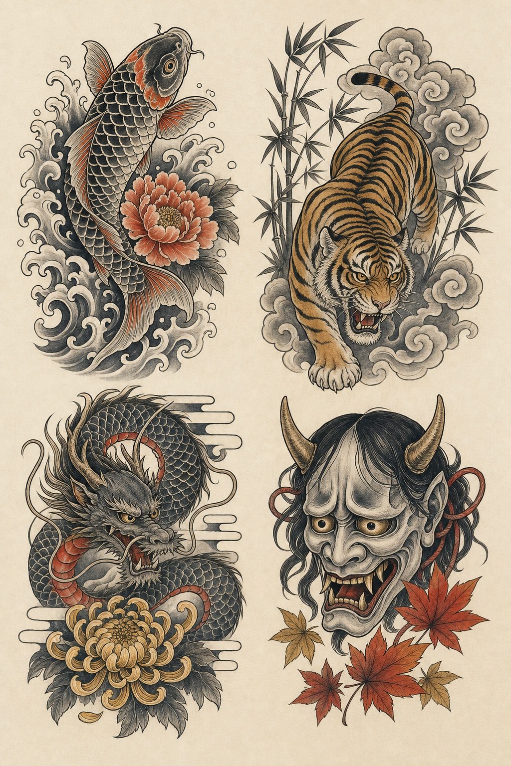 Japanese horimono-inspired concept art with koi, tiger, dragon, hannya mask, florals, waves, and clouds