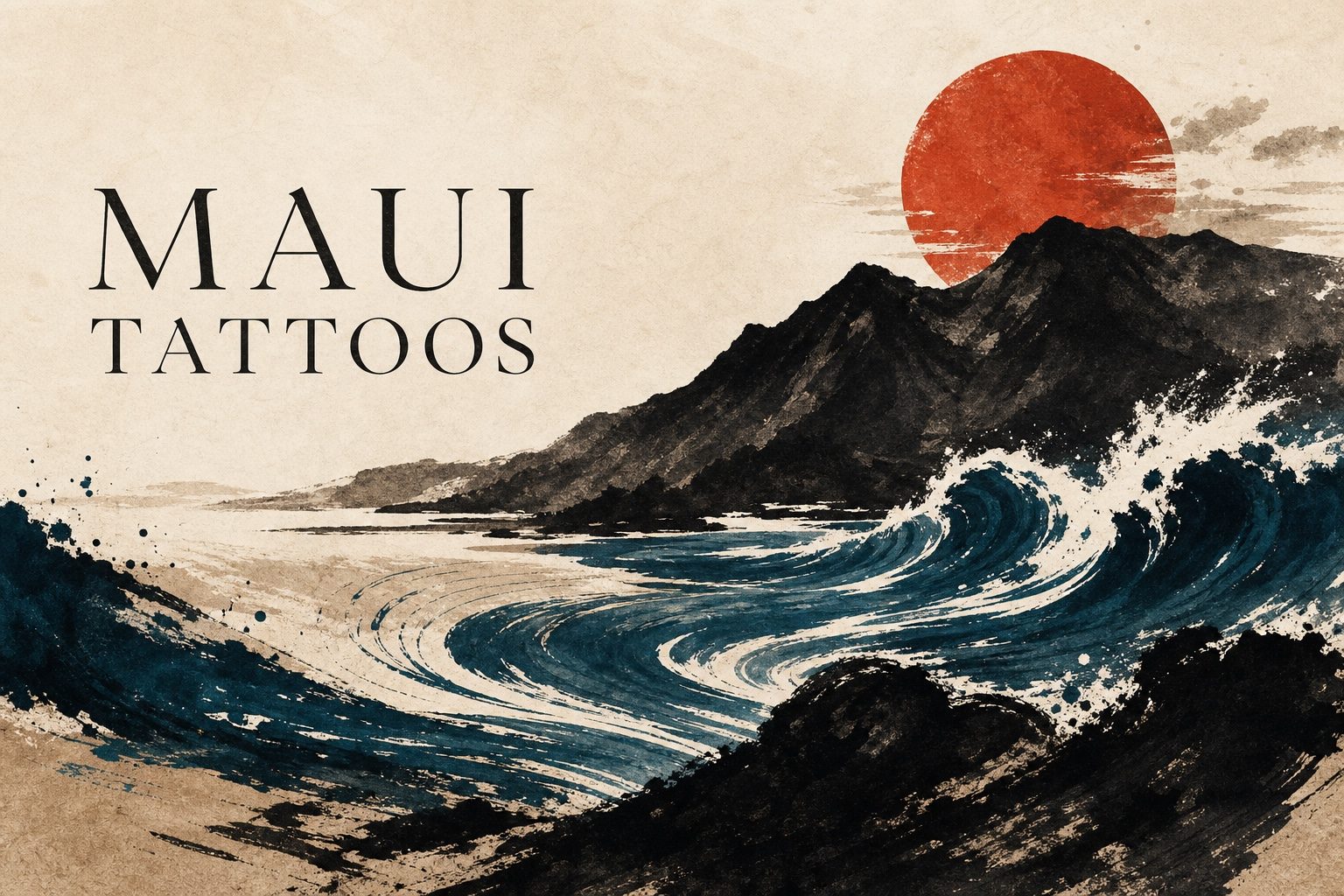 Abstract Maui island ink artwork in volcanic black, ocean blue, and vermilion