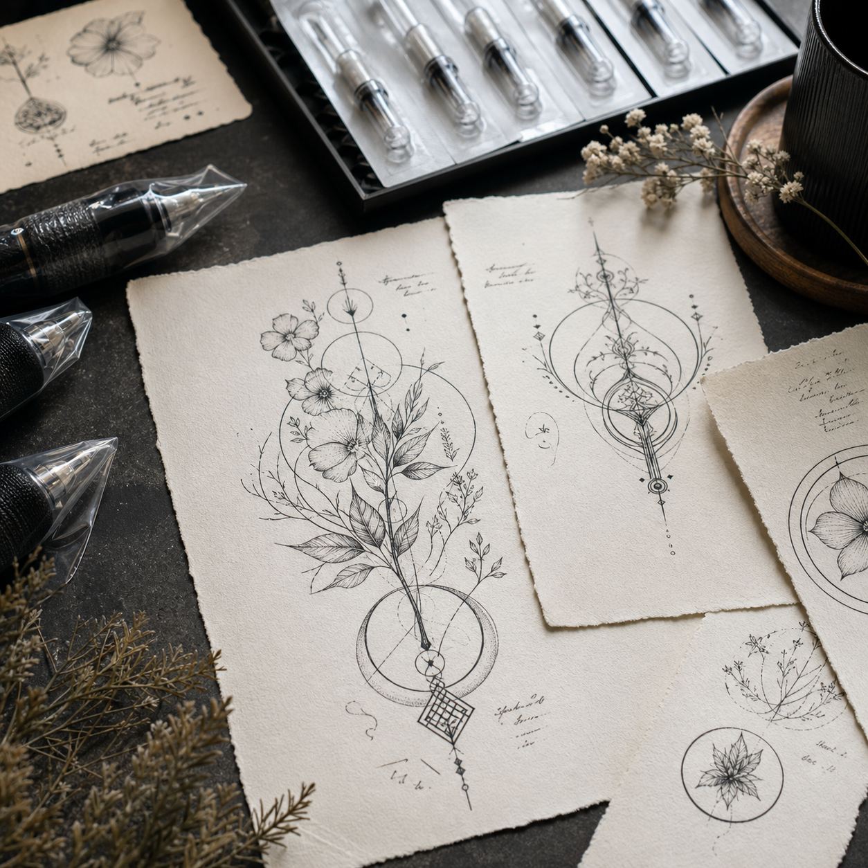 Tattoo flash sketches and sealed studio supplies on a desk